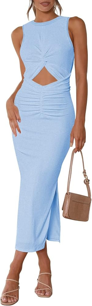 Ceuplon Women's Summer Bodycon Dresses Casual Crew Neck Side Slit Sleeveless Ribbed Cut Out Tank ... | Amazon (US)