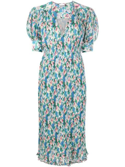 GANNI floral-print Pleated Georgette Midi Dress - Farfetch | Farfetch Global