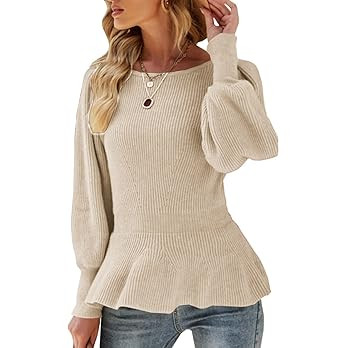 Womens Fall Puff Sleeve Peplum Casual Slim Fit Knit Pullover Sweater Jumper Tops | Amazon (US)