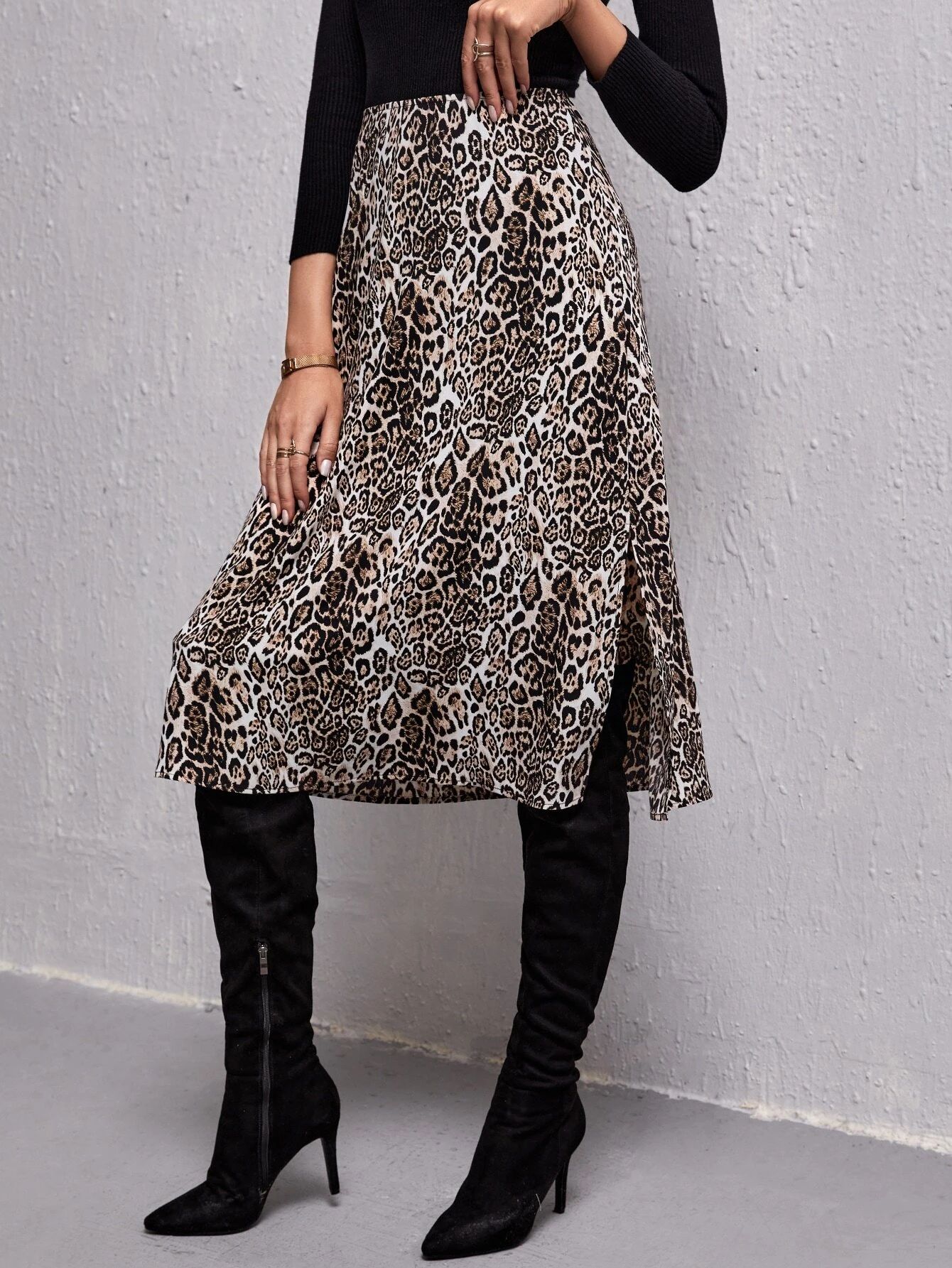 High Waist Leopard Print Slit Skirt | SHEIN