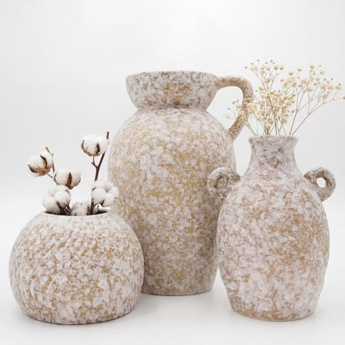 Modern Farmhouse Ceramic Vase Set of 3, Snowflake Glaze Textured Rustic Flower Vase for Table Centerpieces, Shelf, Living Room Kitchen Home Decor | Amazon (US)