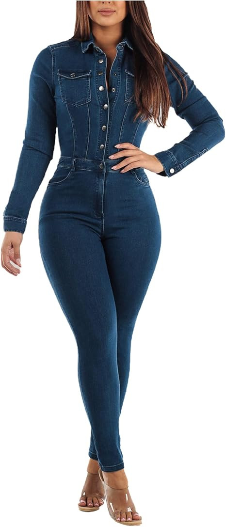 Sexyshine Women's Sexy Button Down Slim Fit Denim Long Jumpsuit Playsuit Lapel Full length Jeans ... | Amazon (US)