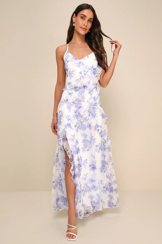 So Gorgeous White and Blue Floral Ruffled Lace-Up Maxi Dress | Lulus