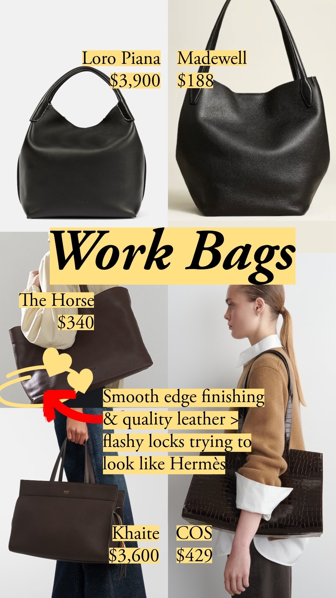 Work bags that prioritize clean edge finishing and quality leather over flashy hardware - from Madewell’s $188 steal to Oroton’s Margo, plus canvas classics like the LL Bean Boat and Tote and a NY Public Library carryall. Skip bags with gimmicky locks trying to mimic Hermès; look for smooth edges and honest leather instead.

#LTKootd