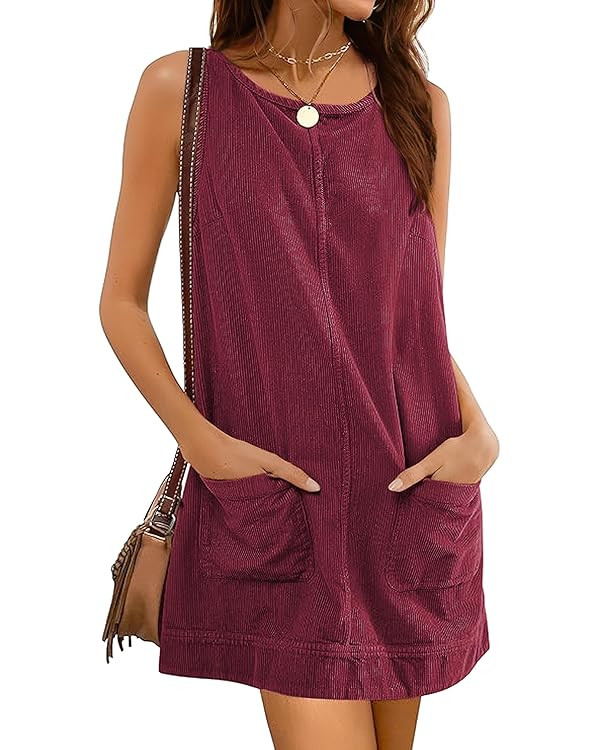 Hooever Women's Corduroy Overall Dress Round Neck A Line Skirtall Jumper Mini Dress Pinafore with... | Amazon (US)