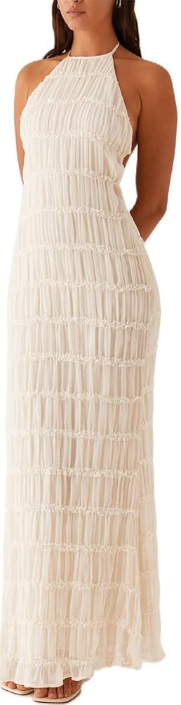 Women's Backless Smocked Maxi Dress Sexy Spaghetti Strap Cut Out Flowy Beach Long Dress Vacation ... | Amazon (US)