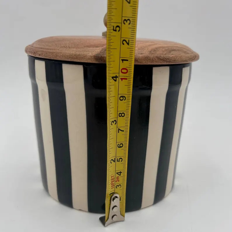 Striped Ceramic Jar With Wood Lid Decorative Canister Container - Etsy | Etsy (US)