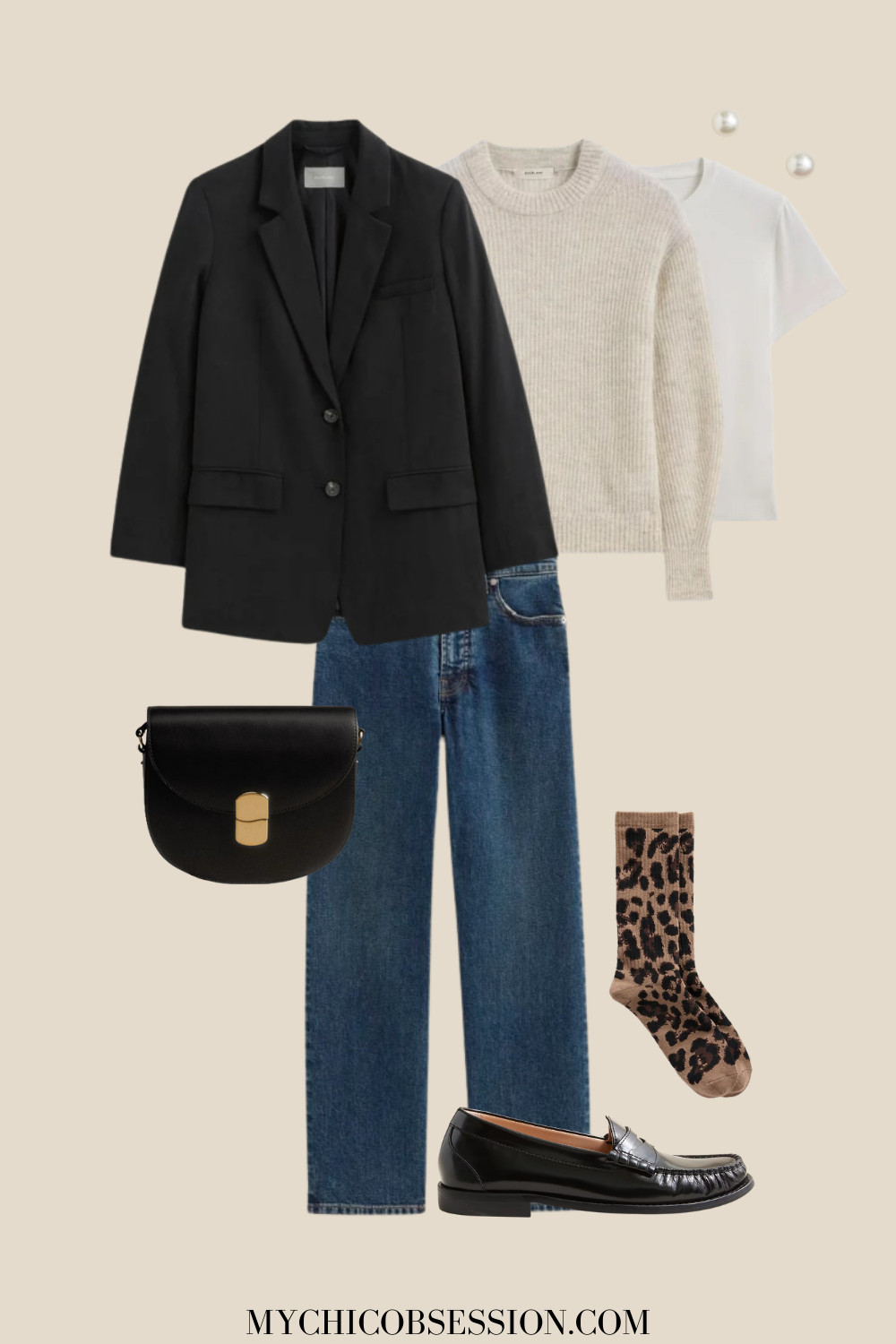 Style a classically chic layered look with a white t-shirt, a crewneck sweater, and an oversized blazer paired with classic jeans. Accessorize with a sleek leather handbag, leather loafers, pearl stud earrings and a pair of leopard print socks. 

 #LTKSeasonal
