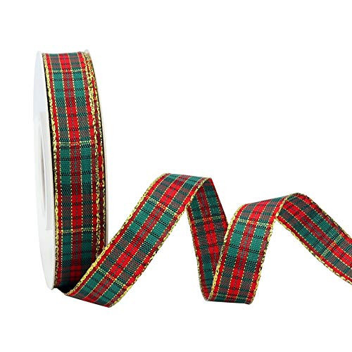 5/8 Inch Plaid Christmas Ribbon with Gold Edges, Christmas Tree Decor, Ribbon for Gift Wrapping, Wedding, and Christmas Decorations Outdoor Indoor, 100% Polyester Woven Gingham Ribbon, 25 Yards | Amazon (US)