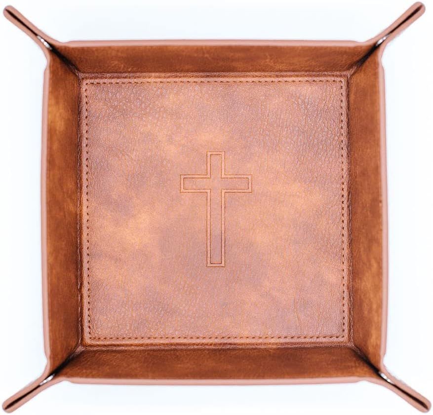 Leather Valet Tray w/ Cross Engraved - Multi-Purpose Valet Tray for Men - Mens Desk Accessories f... | Amazon (US)