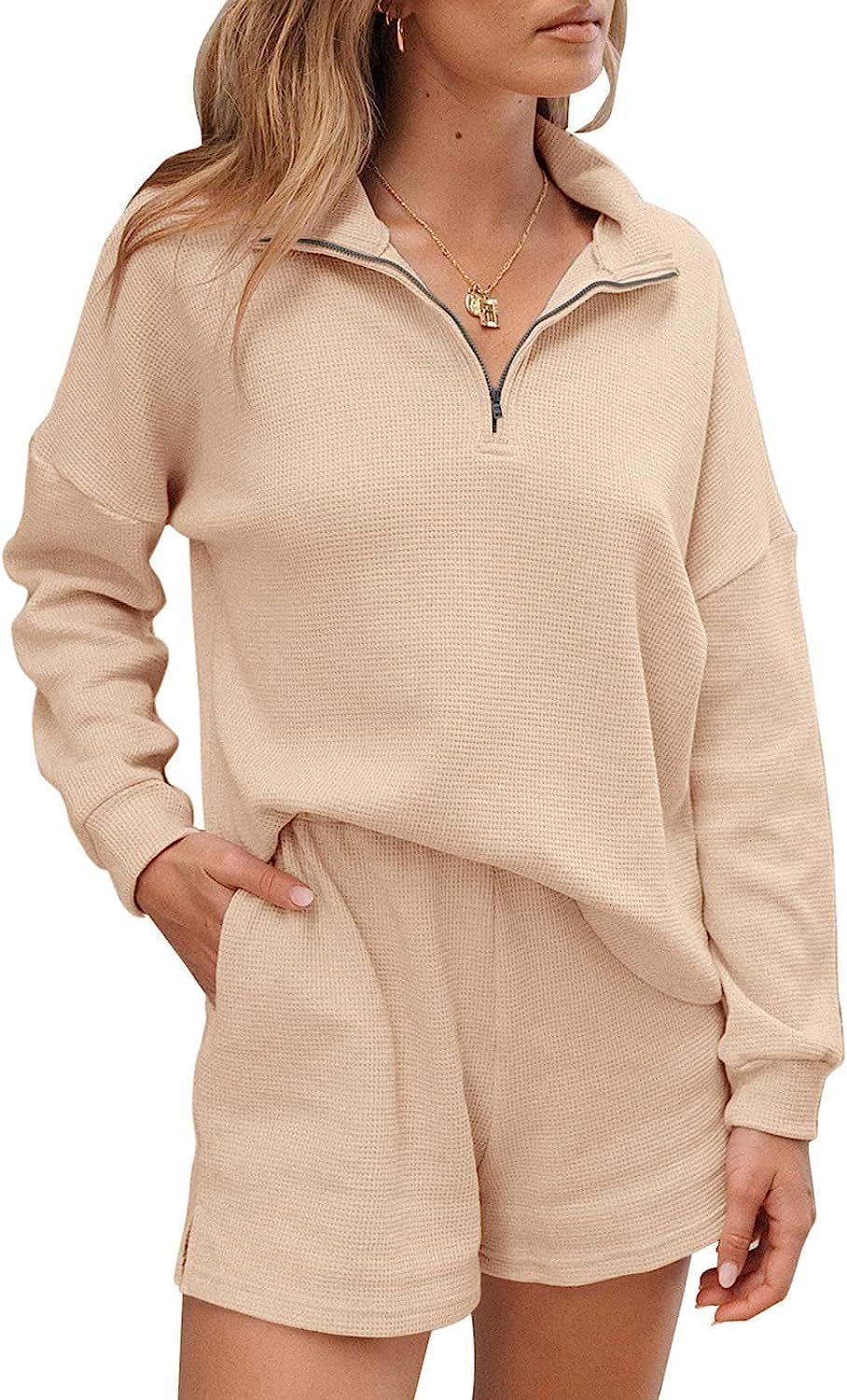 KIKIBERRY Womens Waffle Knit Lounge Set Half Zip Long Sleeve 2 Piece Pajamas Loungewear Matching ... | Amazon (US)