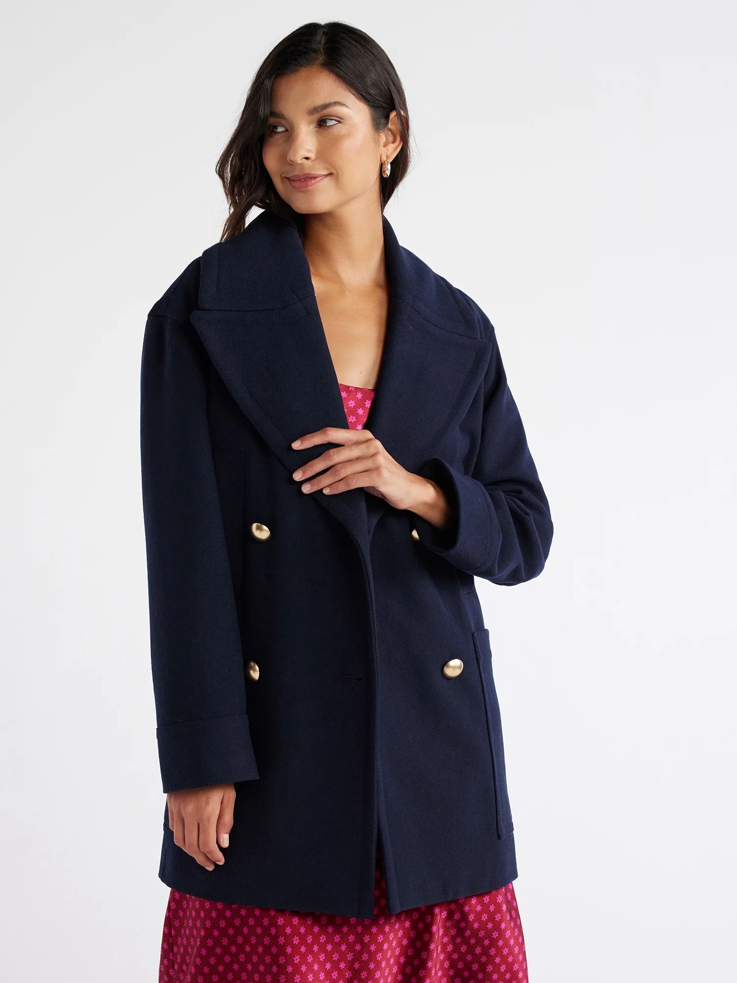 Free Assembly Women's Wool-Blend Peacoat with Patch Pockets, Sizes XS-XXXL | Walmart (US)