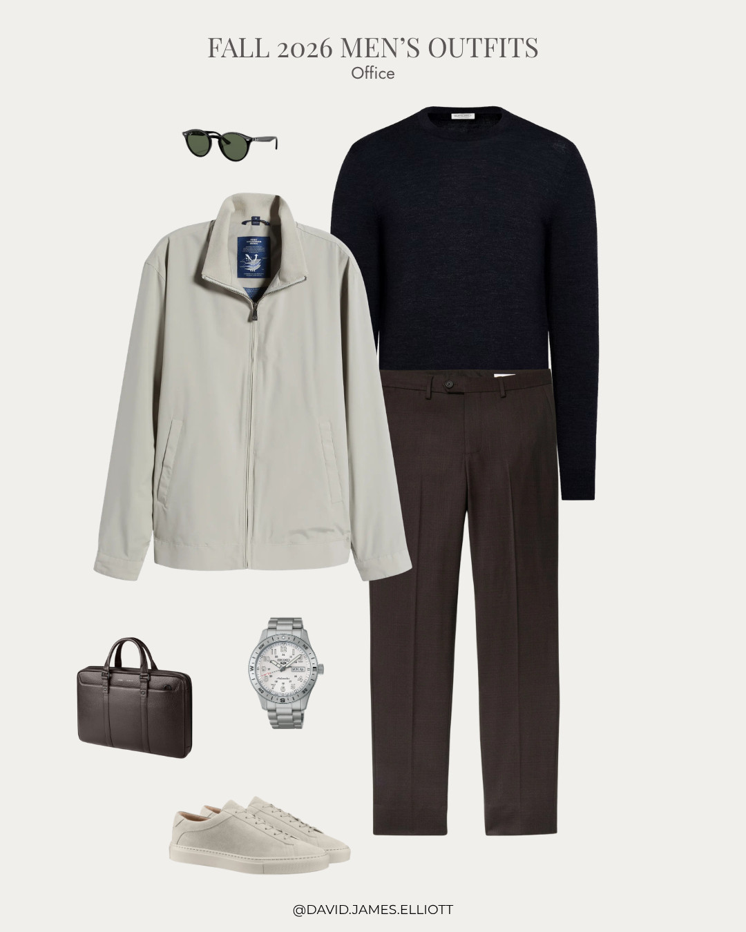 Casual office outfit with navy crewneck and sneakers.  

 #LTKMens