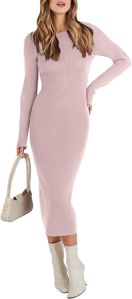 ANRABESS Women's 2023 Trendy Long Sleeve Sweater Dress Crewneck Slim Fit Ribbed Knit Bodycon Midi... | Amazon (US)
