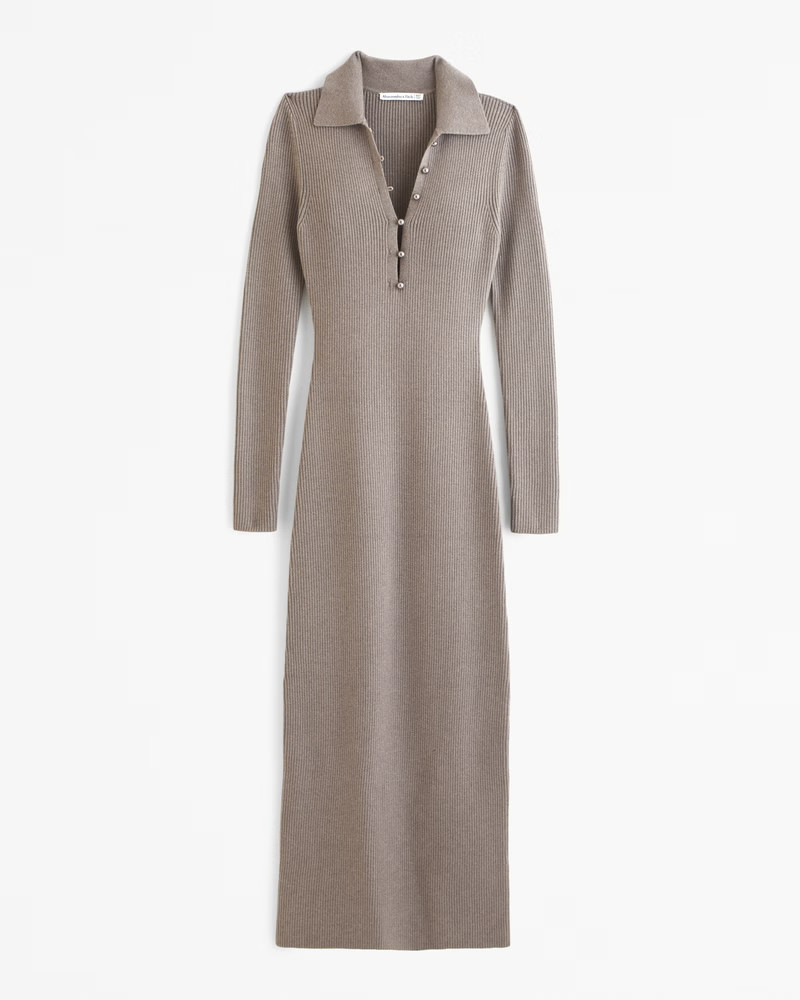 Abercrombie & Fitch Women's Long-Sleeve Collared Midi Sweater Dress in Light Brown - Size L TALL | Abercrombie & Fitch (US)