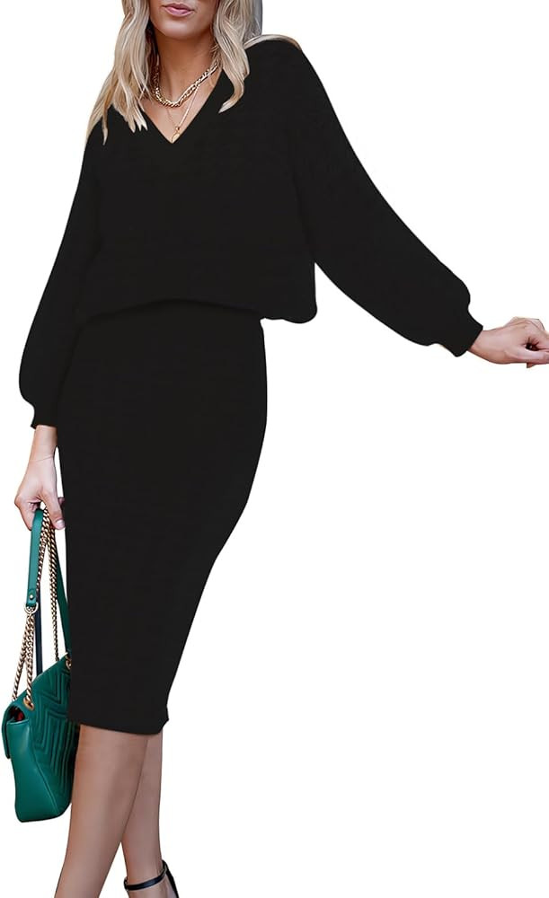 HUUSA Women 2 Piece Sweater Midi Pencil Skirt Set Fall Winter Split Dress Batwing Long Sleeve Ove... | Amazon (US)