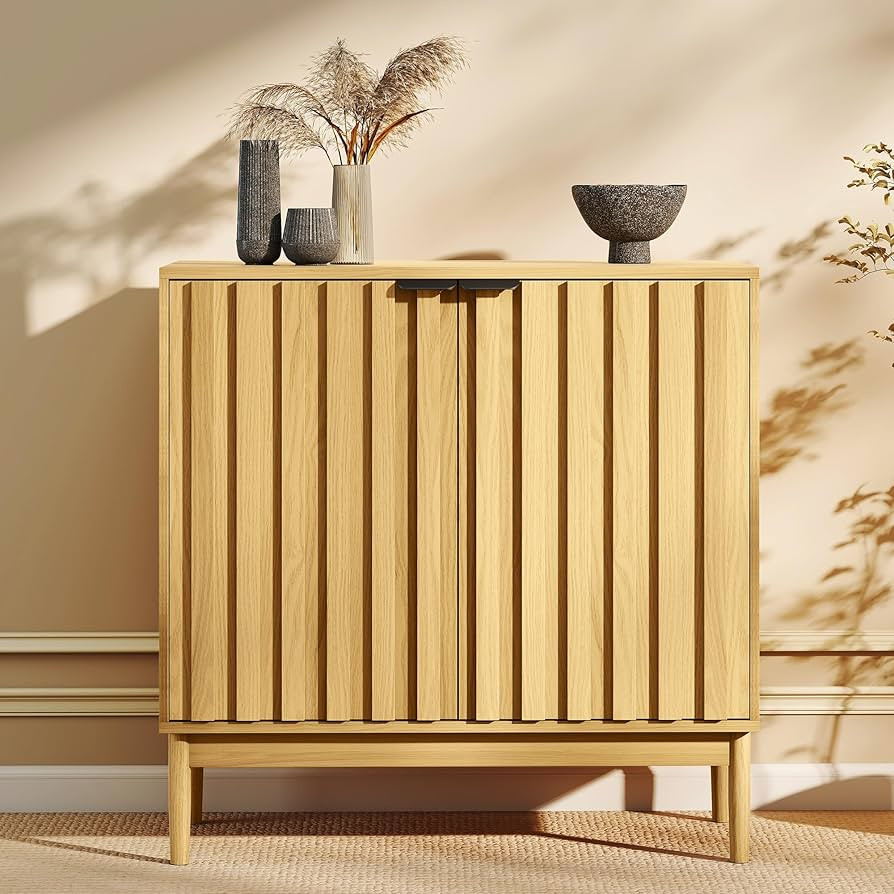 Fluted Cabinet with Storage, Buffet Cabinet Sideboard with 2 Doors, Natural Buffet Storage Accent... | Amazon (US)