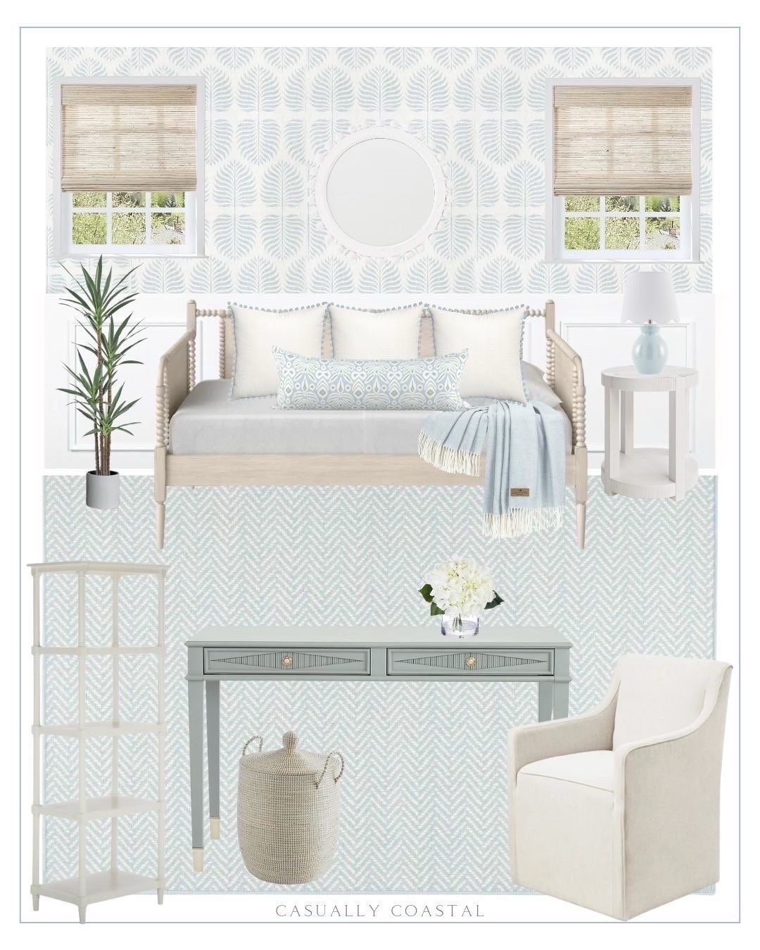 By follower request, a home office design with a day bed for the occasional guest! 
——- 
Coastal home office, coastal day bed, guest room ideas, women's home office ideas, coastal home decor, coastal style, coastal rug, office rug, blue & white rugs, white daybed, coastal desk, blue desk, coastal mirror,  peel and stick wallpaper, coastal wallpaper, bookcase, Amazon table lamp, ceramic table lamp, coastal pillow, Etsy pillows, lumbar pillow, lidded baskets, serena & lily baskets, skirted dining arm chair, coastal dining chair, desk chairs, home office chairs, Amazon agave plant, faux 5ft agave plant, blue rug, washable rug, herringbone rug, 8x10 rugs, 5x7 rugs, 9x12 rugs, beach house rugs, coastal end table, round side tables, wayfair beds, ballard designs desk, blue desks, coastal throw blanket, blue blanket, white hydrangea flowers, Amazon flowers, coastal wallpaper, serena & lily style, round mirrors, white mirrors, woven shades, amazon roman shades, faux plants, faux trees, office shelving, upholstered desk chair

#LTKHome