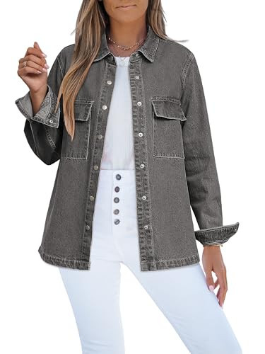 Luvamia Womens Denim Jacket - Lightweight, Trendy Shacket in Gray Jean Jacket Style for Casual Fall Wear - Size Small (4/6) | Amazon (US)