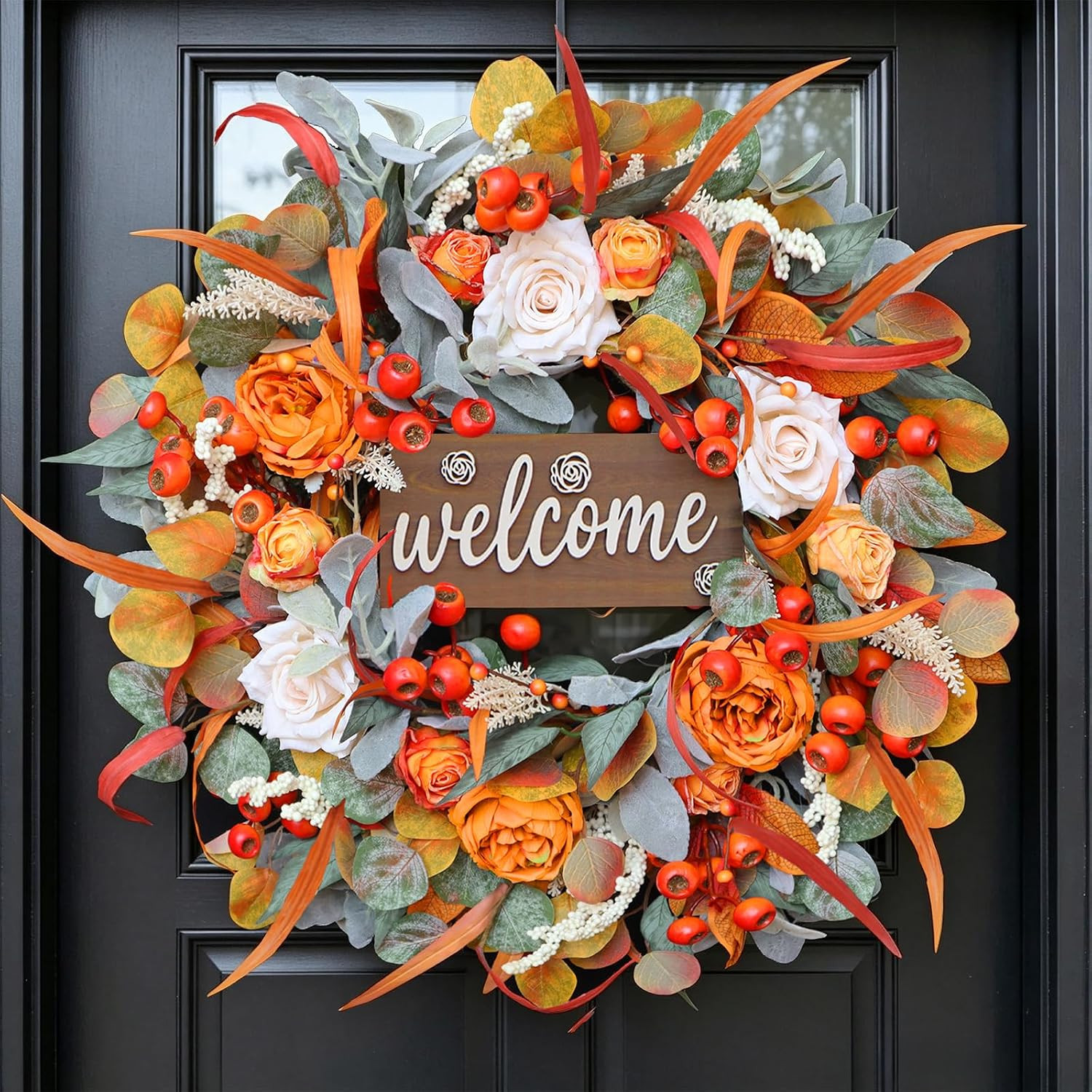 Fall Wreath for Front Door, 24 Inch Autumn Wreath with lamb's Ear Leaves, Roses, Berries & Wooden Sign,Fall Decorations for Home, Artificial Flowers Harvest and Thanksgiving Indoor & Outdoor | Amazon (US)