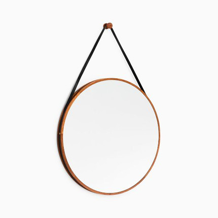 Modern Hanging Round Wall Mirror w/ Leather Strap