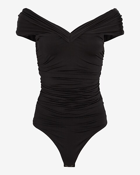 Body Contour Silky Off The Shoulder Ruched Thong Bodysuit | Express
