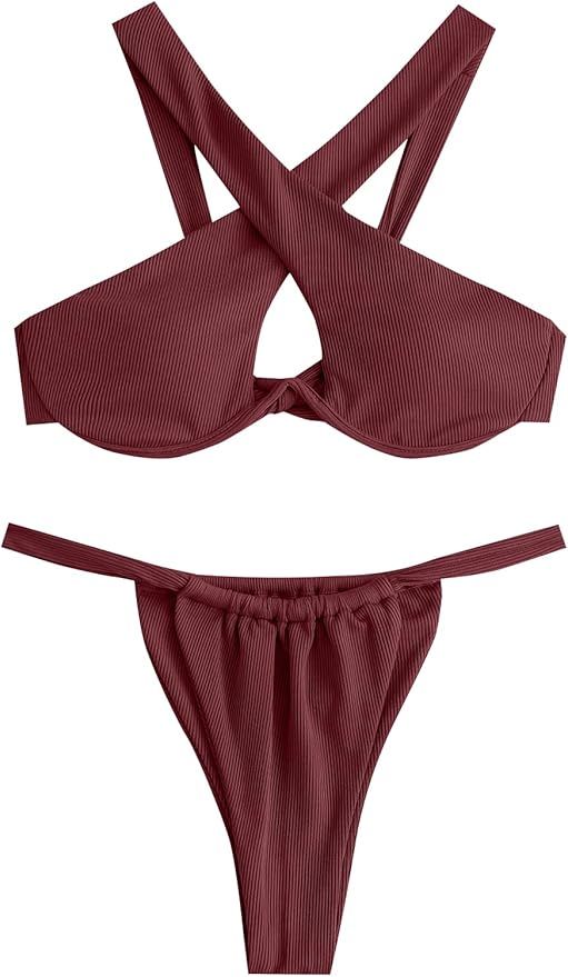 ZAFUL Women's Sexy Push-up Bandage Bikini Criss Cross Swimsuits Cheeky Two Pieces Swimwear | Amazon (US)