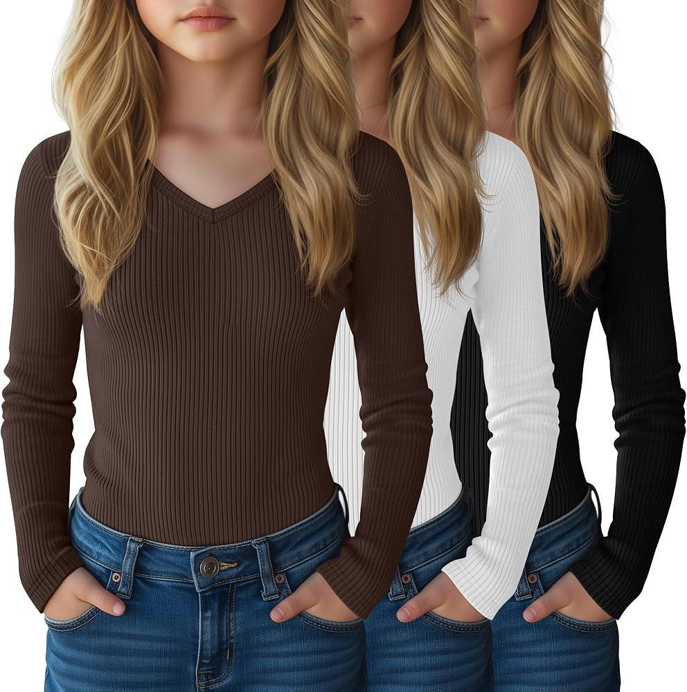 3 Pack Girls Long Sleeve Cotton Shirts Ribbed Knit Layering Tops Slim Fit V Neck Basic Undershirt... | Amazon (US)