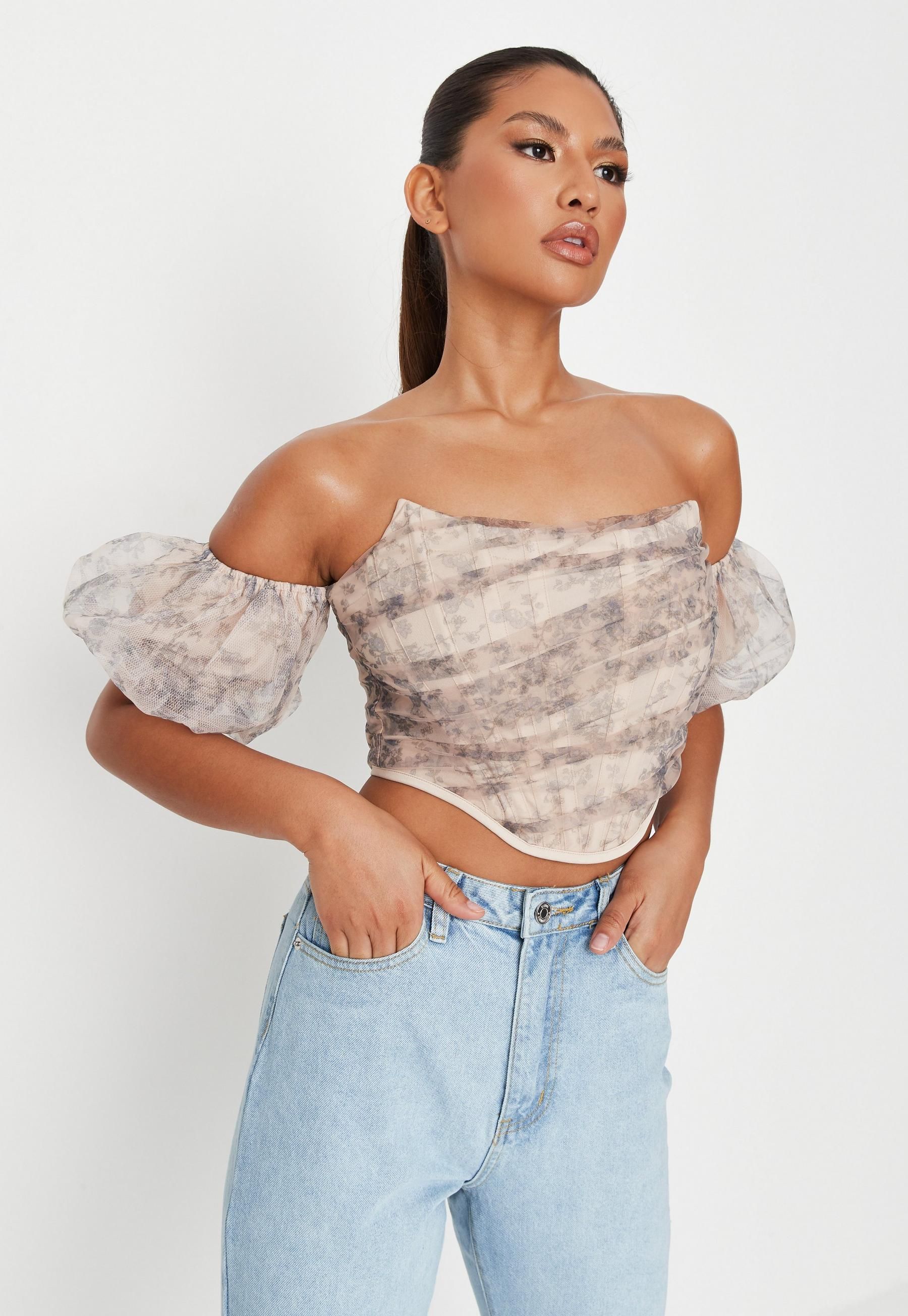 Beige Floral Print Puff Sleeve Mesh Corset Top | Missguided (US & CA)