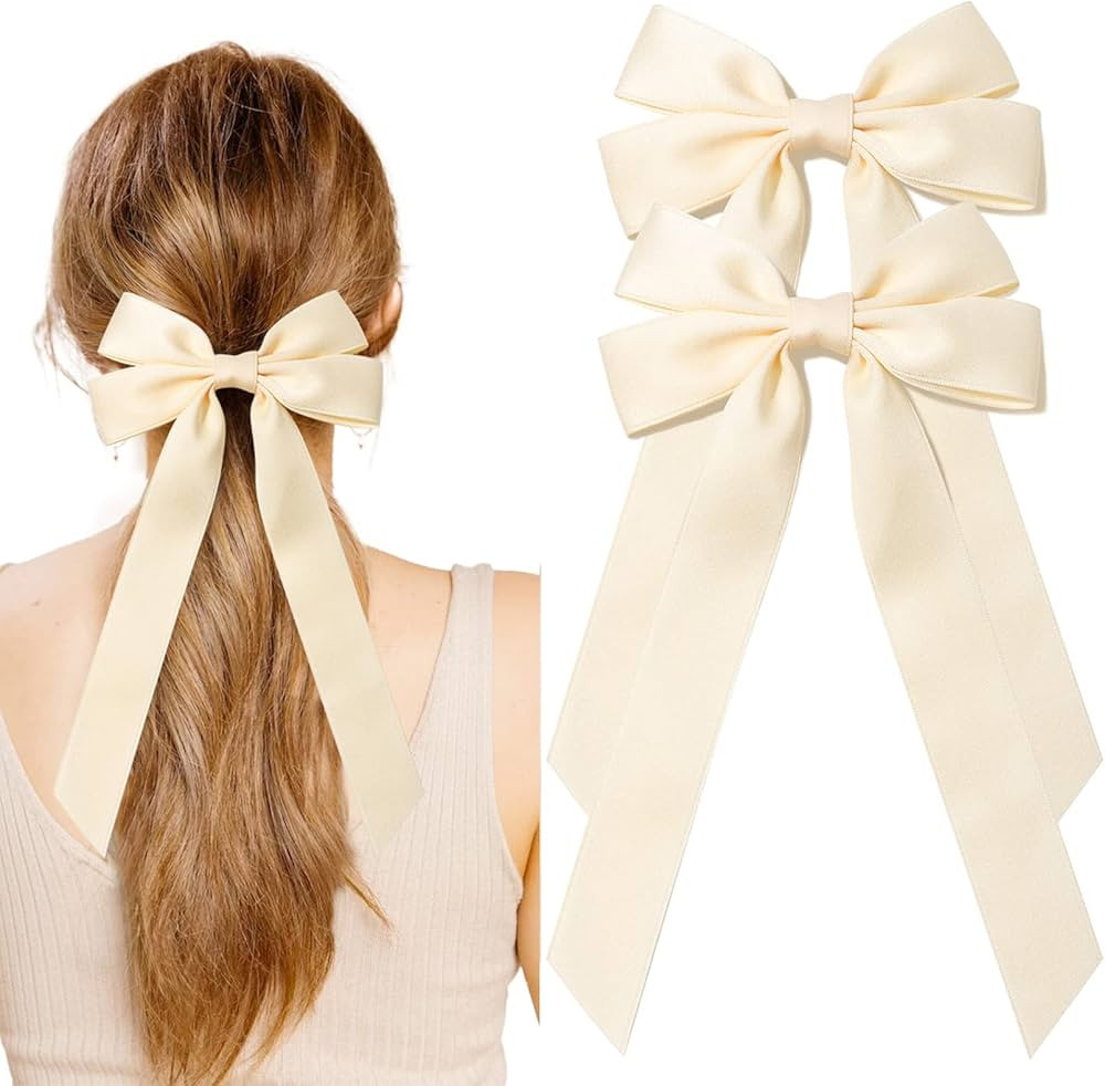2PCS Silky Satin Hair Bows Beige Hair Ribbon Clips for women Ponytail Holder Hair Accessories All... | Amazon (US)