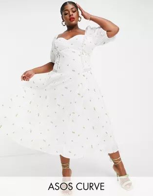 ASOS DESIGN Curve Premium puff sleeve trapeze midi dress with shirred sides in ditsy embroidery i... | ASOS (Global)