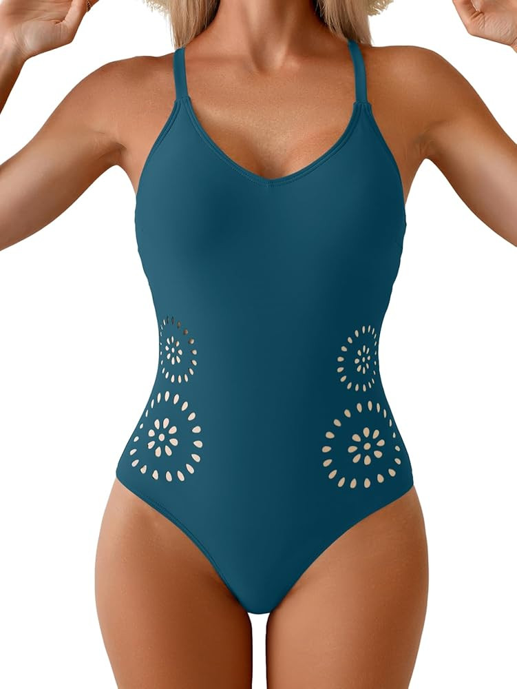 Women's One Piece Swimsuit Tummy Control V Neck Bathing Suit Slimming Cutout Tie Knot Swimwear | Amazon (US)