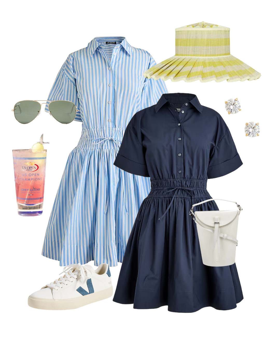 US Open outfit ideas! The last Grand Slam tournament of 2025 is coming up in about a month and I have some outfit inspiration. 

I love blending the tenniscore and coastal aesthetics for smart casual looks. I also love a cute tennis accessory like jewelry, handbags, and hats so I linked a bunch of those too!

US Open outfit, tennis outfit, tennis tournament, preppy outfit, preppy style, coastal style, striped shirtdress, navy shirtdress, sunhat, diamond earrings, white sneakers, Tretorn, aviator sunglasses, bucket bag, casual style, comfortable style, tenniscore 

 #LTKSeasonal #LTKStyleTip #LTKPlusSize