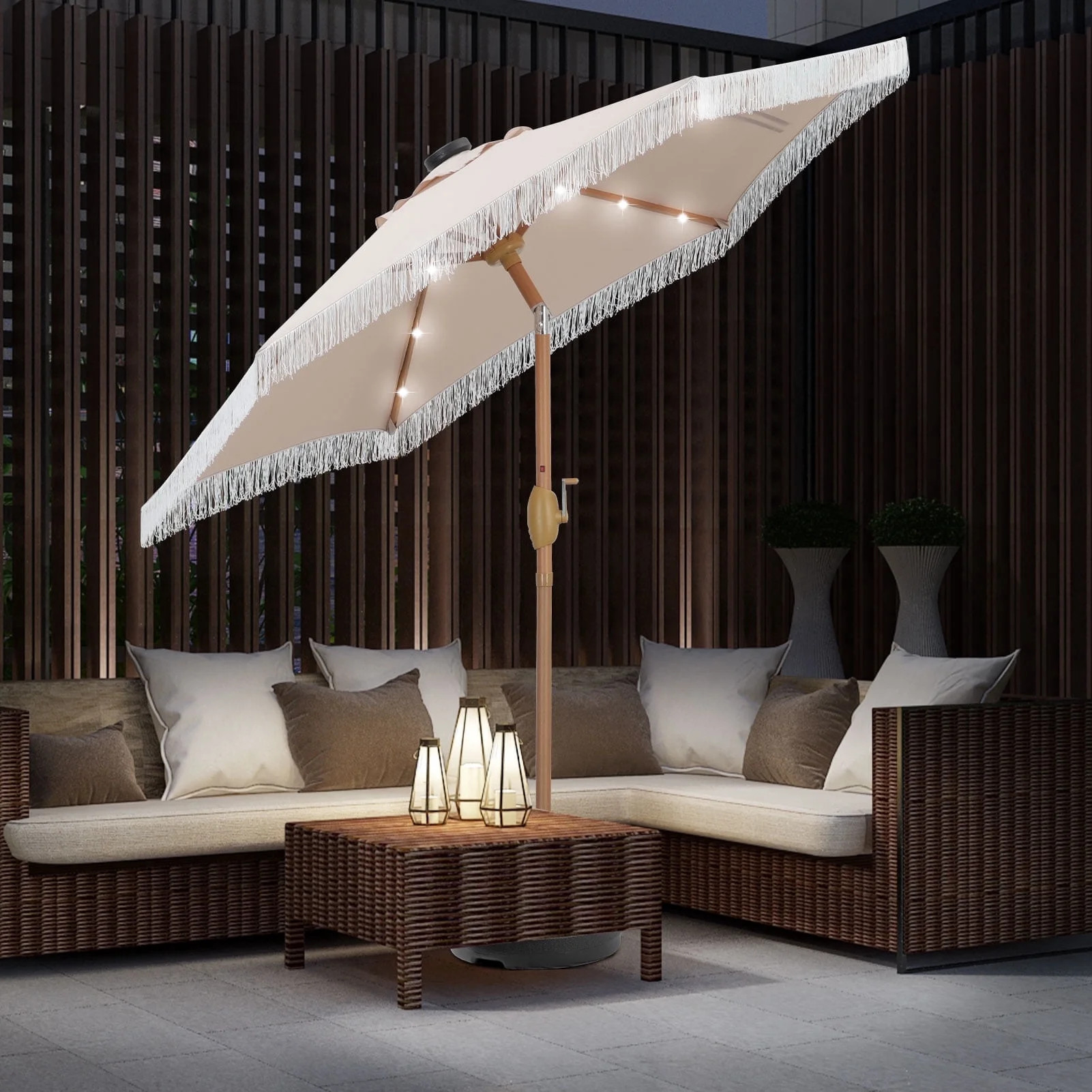 Autlaycil 7.5 ft Khaki Outdoor Solar LED Patio Umbrella with Tassels and Fringe | Walmart (US)