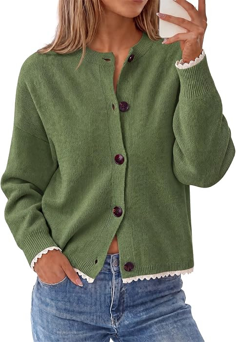 Tankaneo Womens Lace Trim Cardigan Sweater Button Down Knit Tops | Amazon (US)