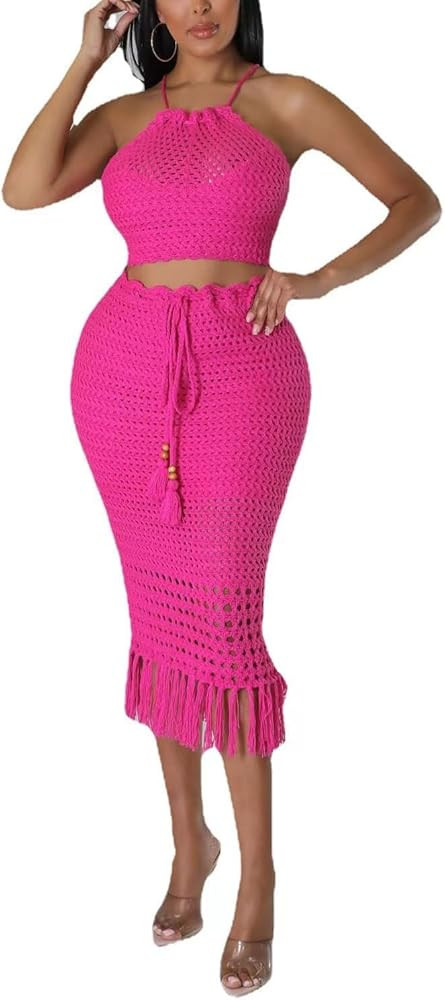Women Plus Two-Piece Skirt Set Tassel Fishing Net Knittin Hollow Out Off Shoulder Beach Dresses S... | Amazon (US)