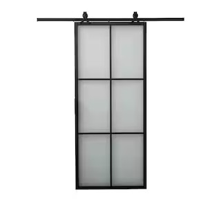 Tribeca 36 in. x 84 in. 6-Lite Frosted Glass Black Finished Aluminum Framed Sliding Barn Door with Hardware Kit | The Home Depot