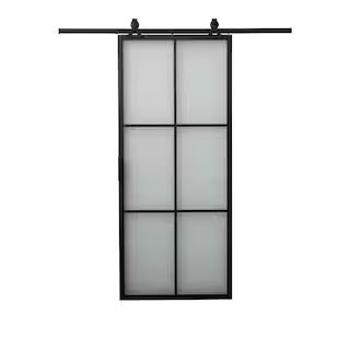 Tribeca 36 in. x 84 in. 6-Lite Frosted Glass Black Finished Aluminum Framed Sliding Barn Door wit... | The Home Depot