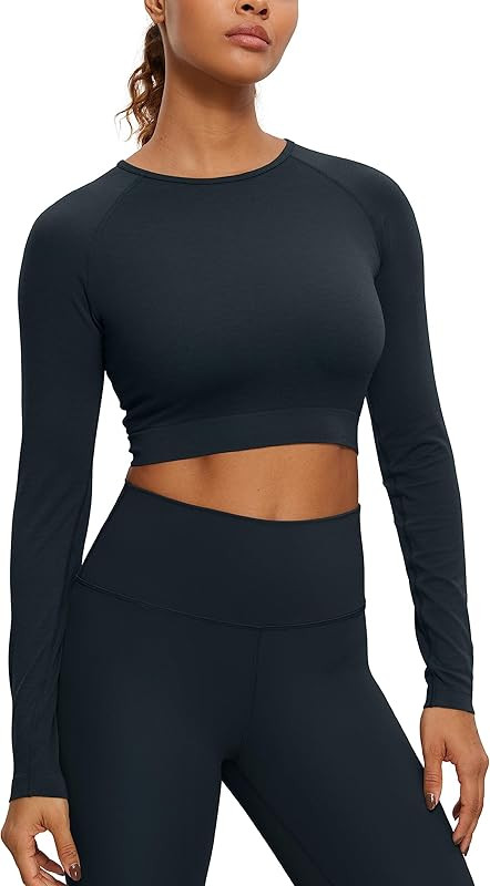 CRZ YOGA Seamless Long Sleeve Shirts for Women Ribbed Workout Tops Athletic Crop Tops Cropped Run... | Amazon (US)