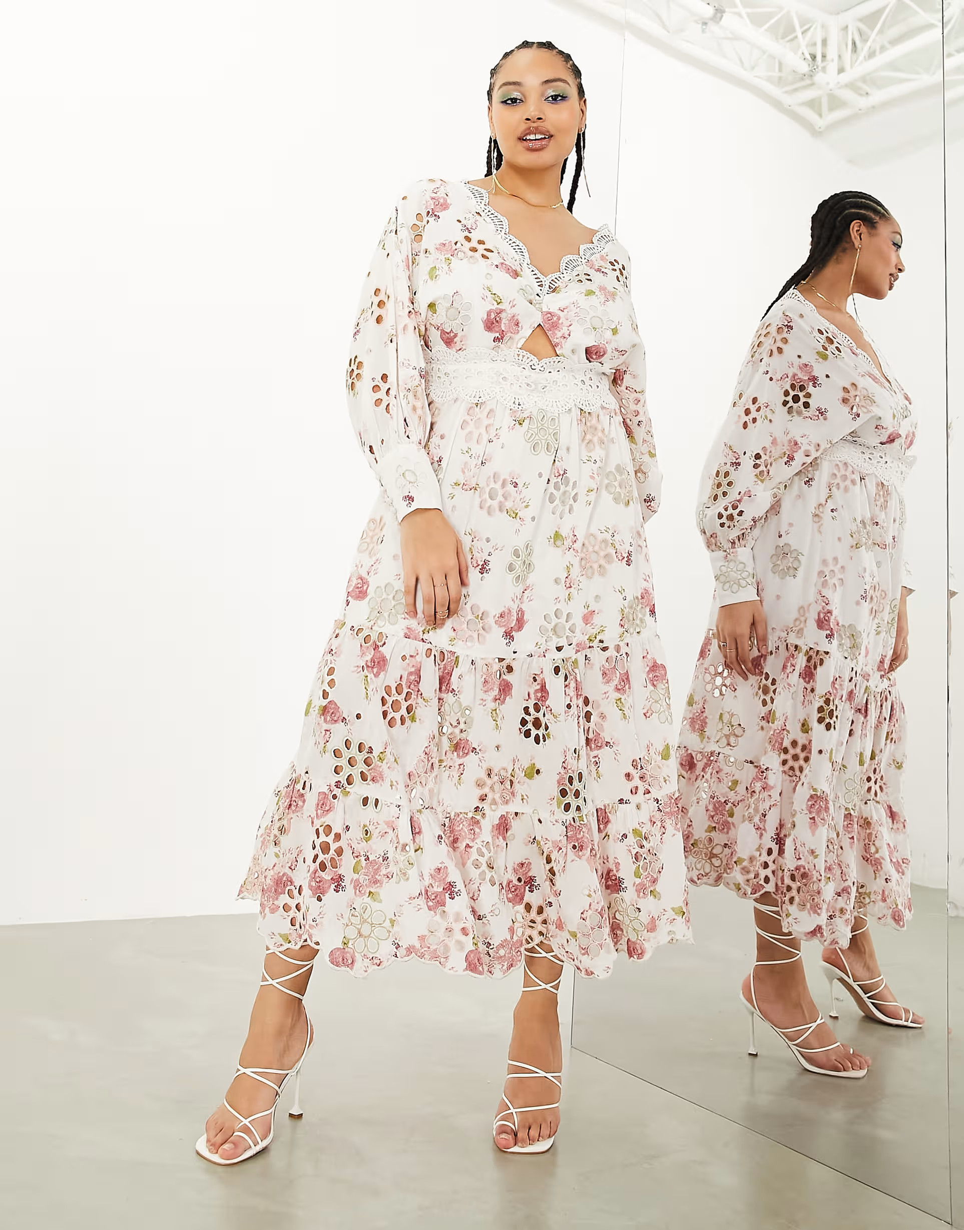 ASOS EDITION Curve eyelet twist front midi dress with puff sleeve in floral print | ASOS (Global)
