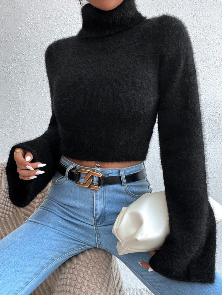 Rolled Neck Crop Fuzzy Sweater | SHEIN