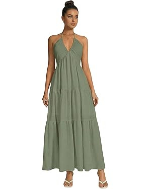 OYOANGLE Women's Summer Beach Halter Sundress Formal Wedding Guest Dress Backless Flowy Vacation ... | Amazon (US)