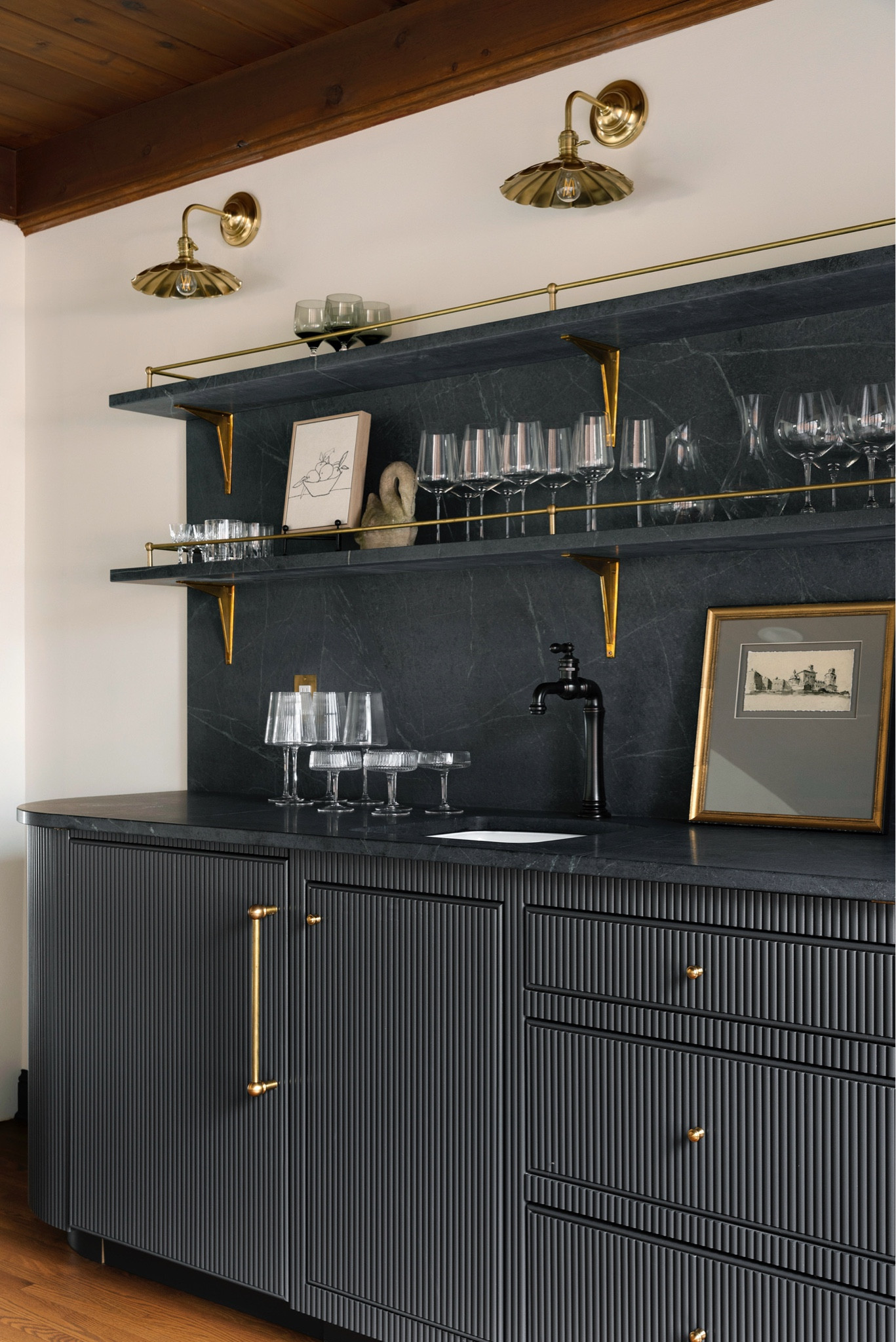 Custom bespoke bar with curved cabinet details, reeded door fronts and gold hardware from our Long Lake Project. 

#LTKHome