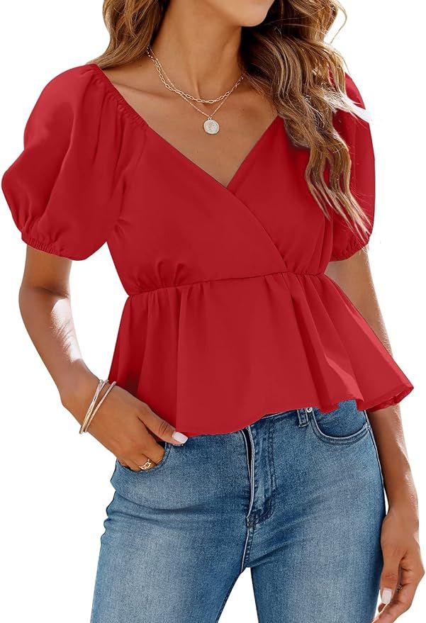 DOROSE Womens Short Sleeve V Neck Tops Sexy Casual Ruffle Blouses Shirts | Amazon (US)