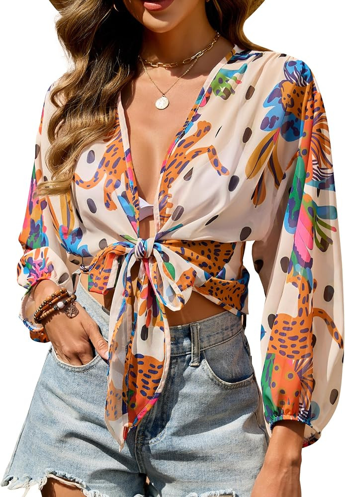 Women's Swimwear Cover Ups Tops Tunic Self-tie Swimsuit Bikini Bathing Suit Long Sleeve Soft Beac... | Amazon (US)