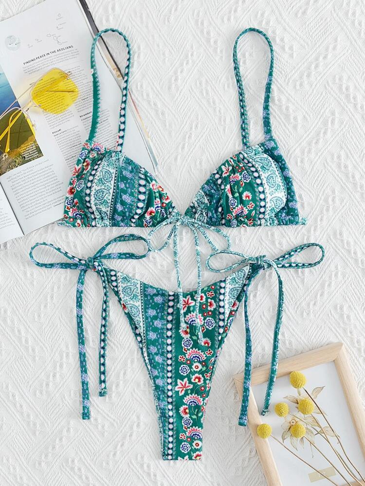 Paisley & Ditsy Floral Tie Side Bikini Swimsuit | SHEIN