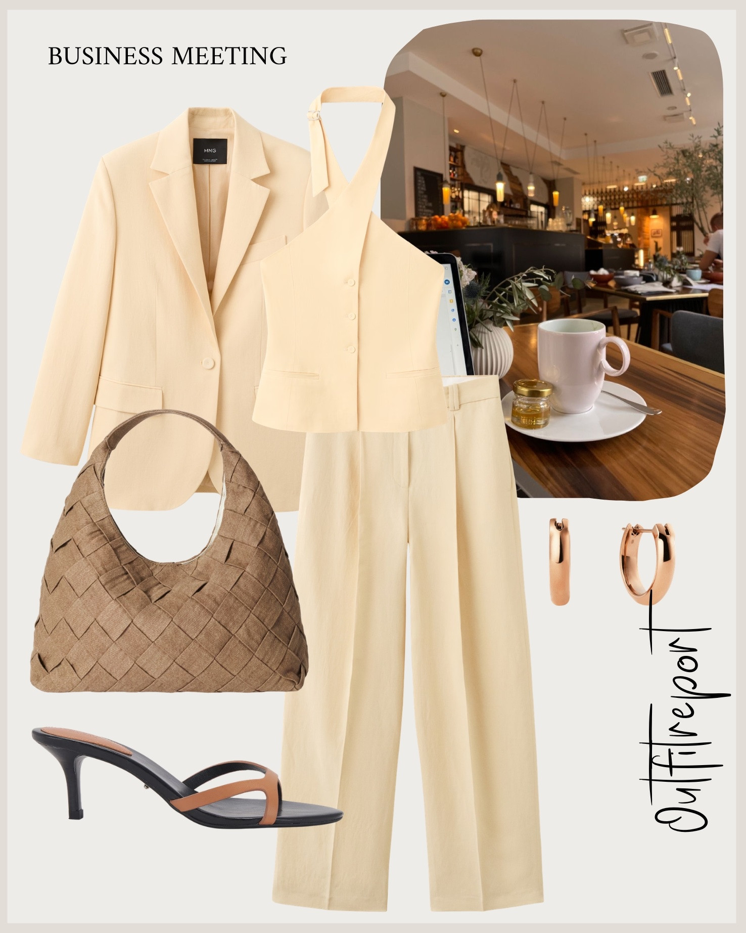 Butter yellow matching set brown woven handbag heels business meeting 

#LTKspring #LTKsummer #LTKeurope