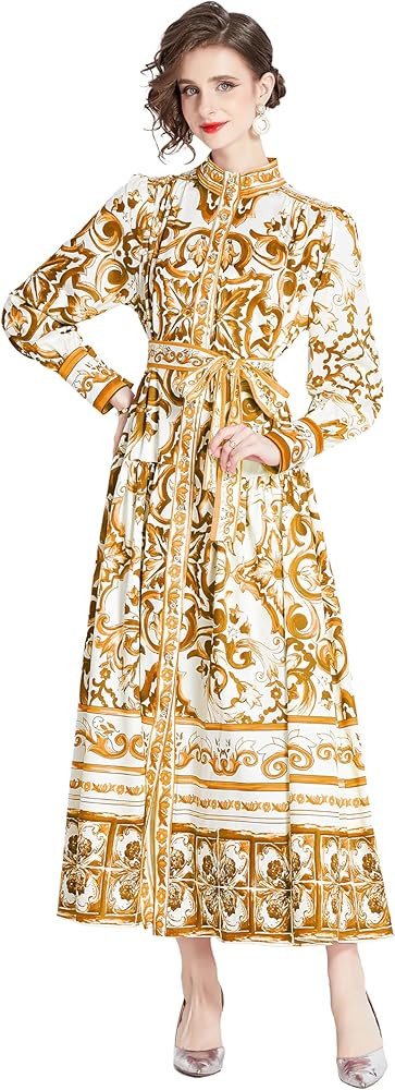 LAI MENG FIVE CATS Women's Vintage Floral Print Long Lantern Sleeve Button Up Loose Fit Party Max... | Amazon (US)