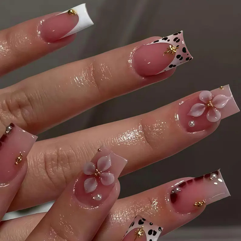 Wedding Nails ,3D Flower Handmade Press on Nails ,squoval Press on Nails, 3D Gel Flower, Ombre Pi... | Etsy (Global)