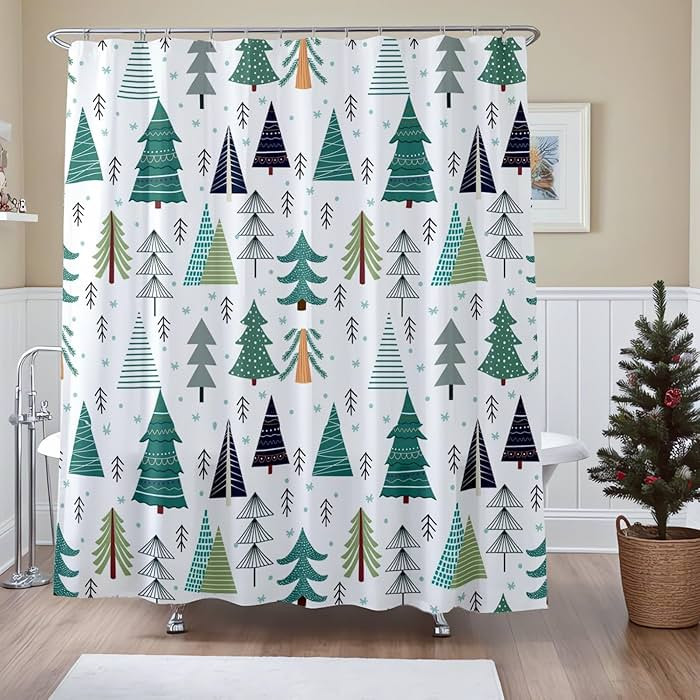 Christmas Tree Shower Curtain 72"x72" Vintage Green Abstract Xmas Tree Snowflake White Background... | Amazon (US)